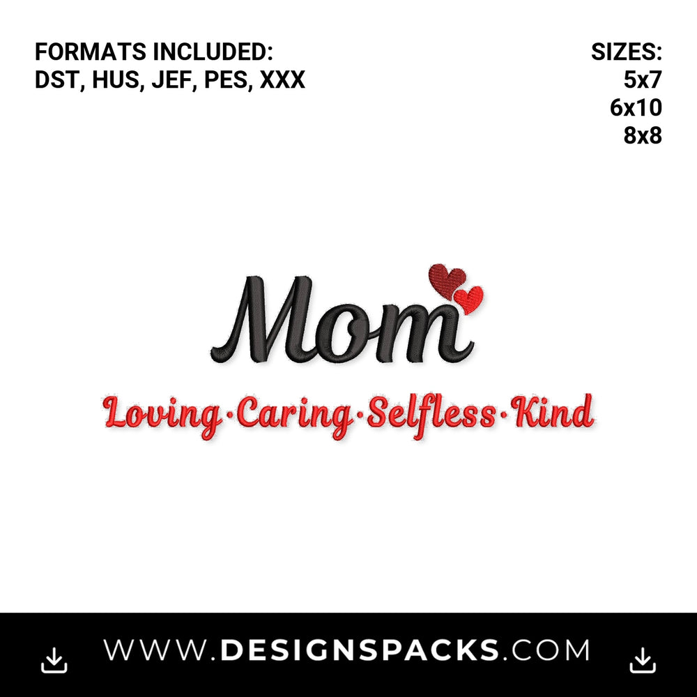 Mom Loving Caring Selfless Kind Hearts Embroidery Design - Instant digital download pattern at Designspacks.com