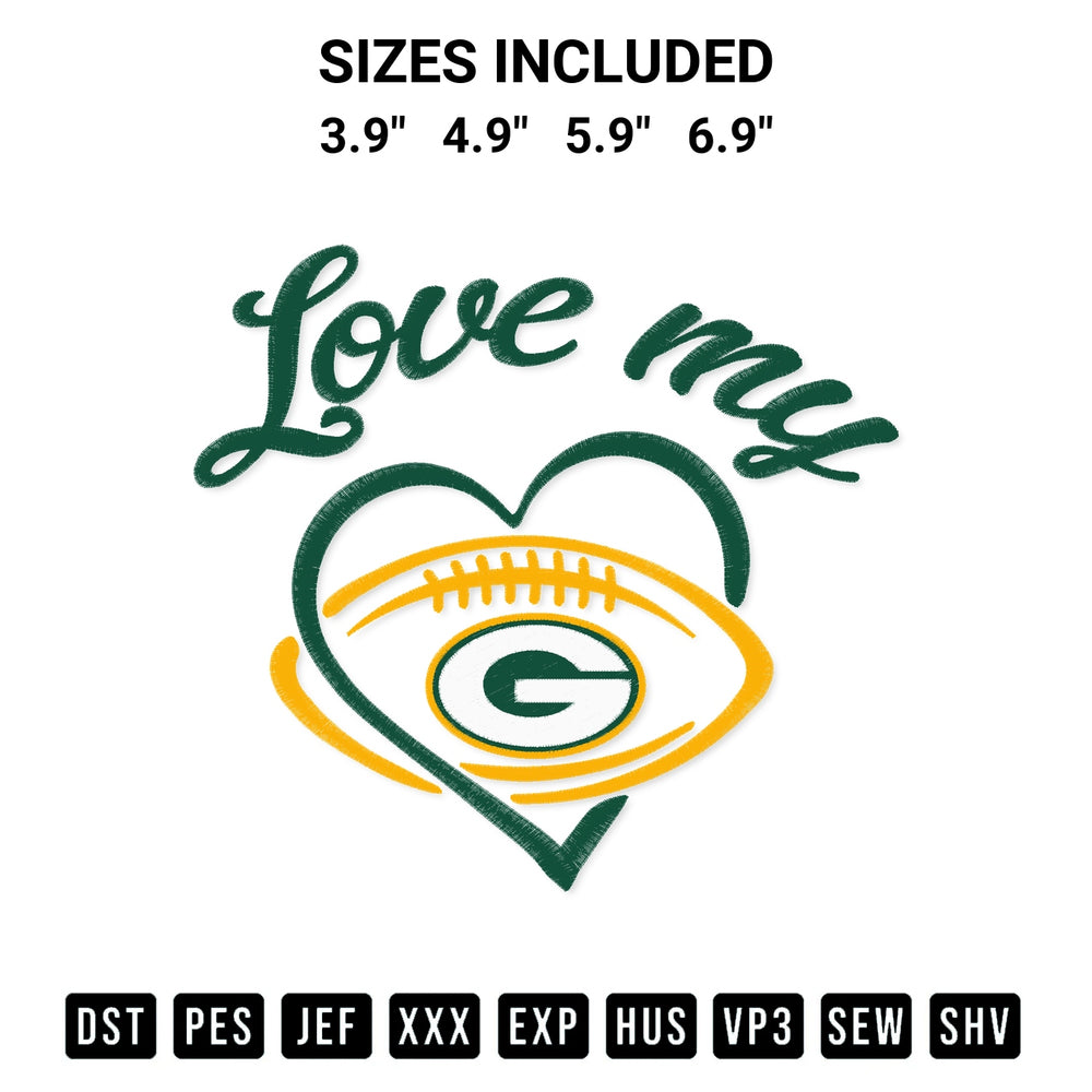 Download the Love My Green Bay Packers Embroidery Design machine embroidery design exclusively at Designspacks.com. Premium digitized pattern for apparel and DIY crafts. Available sizes: 3.9", 4.9", 5.9", 6.9".
