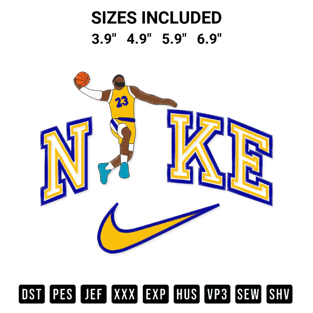 Download the Lebron James Nike Embroidery Design machine embroidery design exclusively at Designspacks.com. Premium digitized pattern for apparel and DIY crafts. Available sizes: 3.9", 4.9", 5.9", 6.9".
