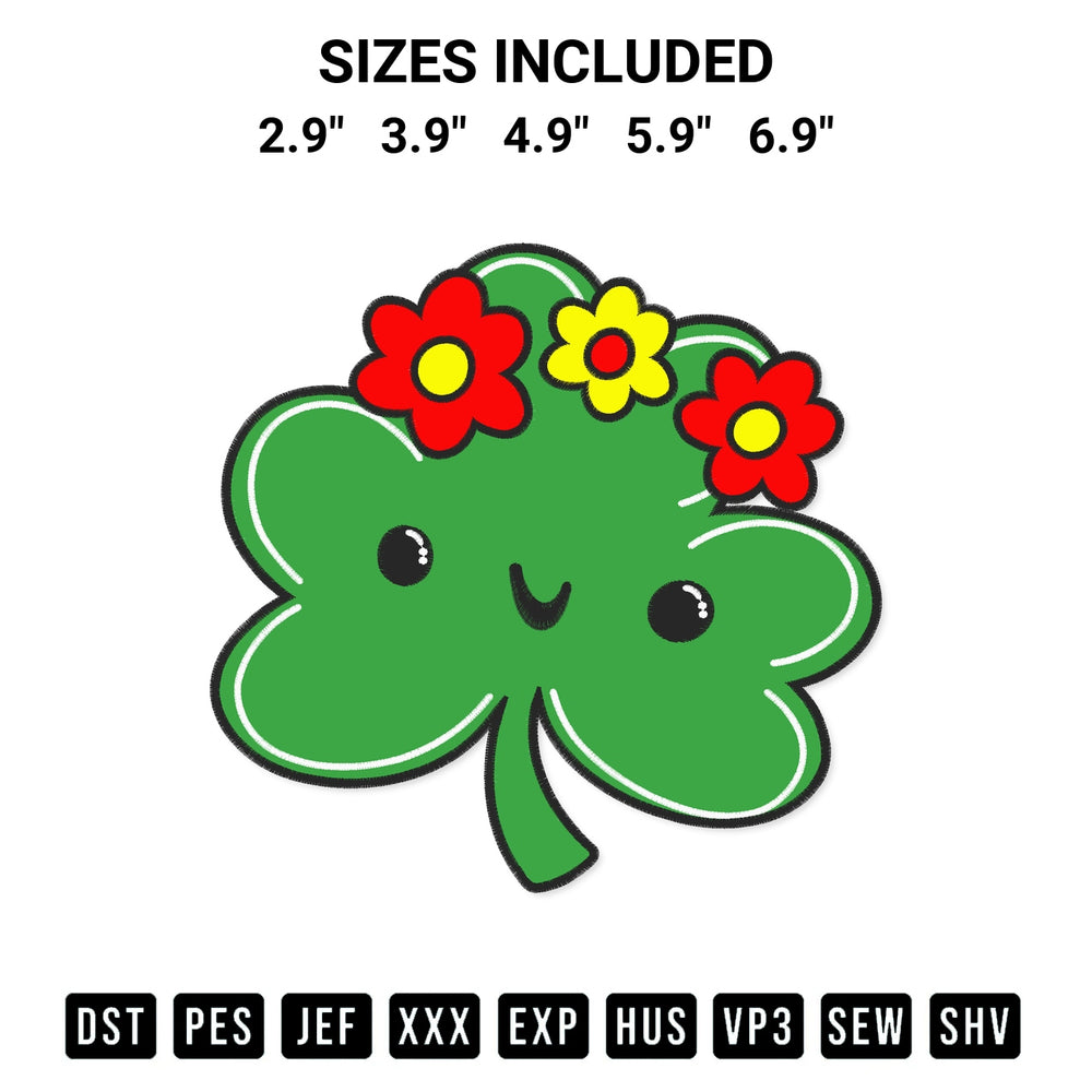 Discover the perfect addition to your crafting collection: Cute Hippie Shamrock Embroidery Design embroidery file. Instantly available at Designspacks.com. Available sizes: 2.9", 3.9", 4.9", 5.9", 6.9".