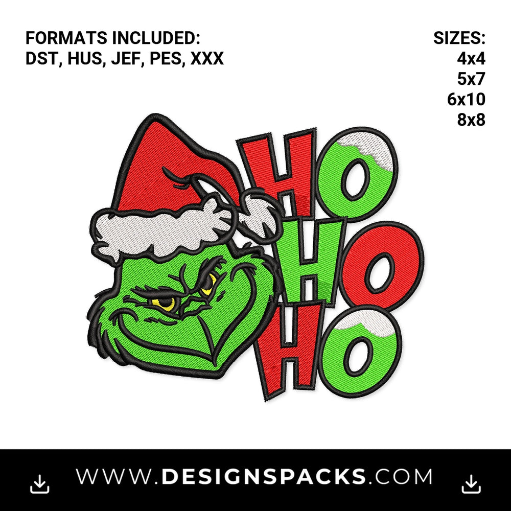 Grinch Christmas Ho Ho Ho Santa Hat Embroidery Design - Instant digital download pattern at Designspacks.com