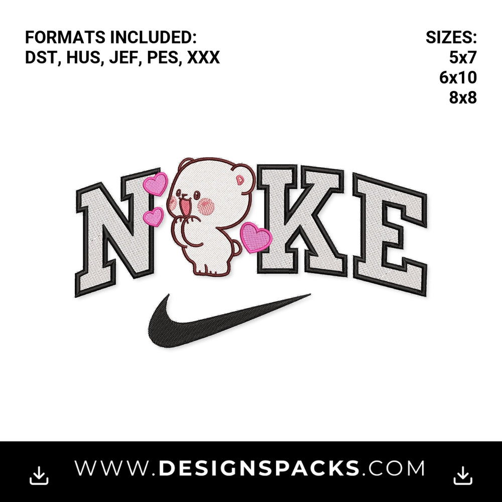Cute Bear Nike Swoosh Pink Hearts Embroidery Design - Instant digital download pattern at Designspacks.com