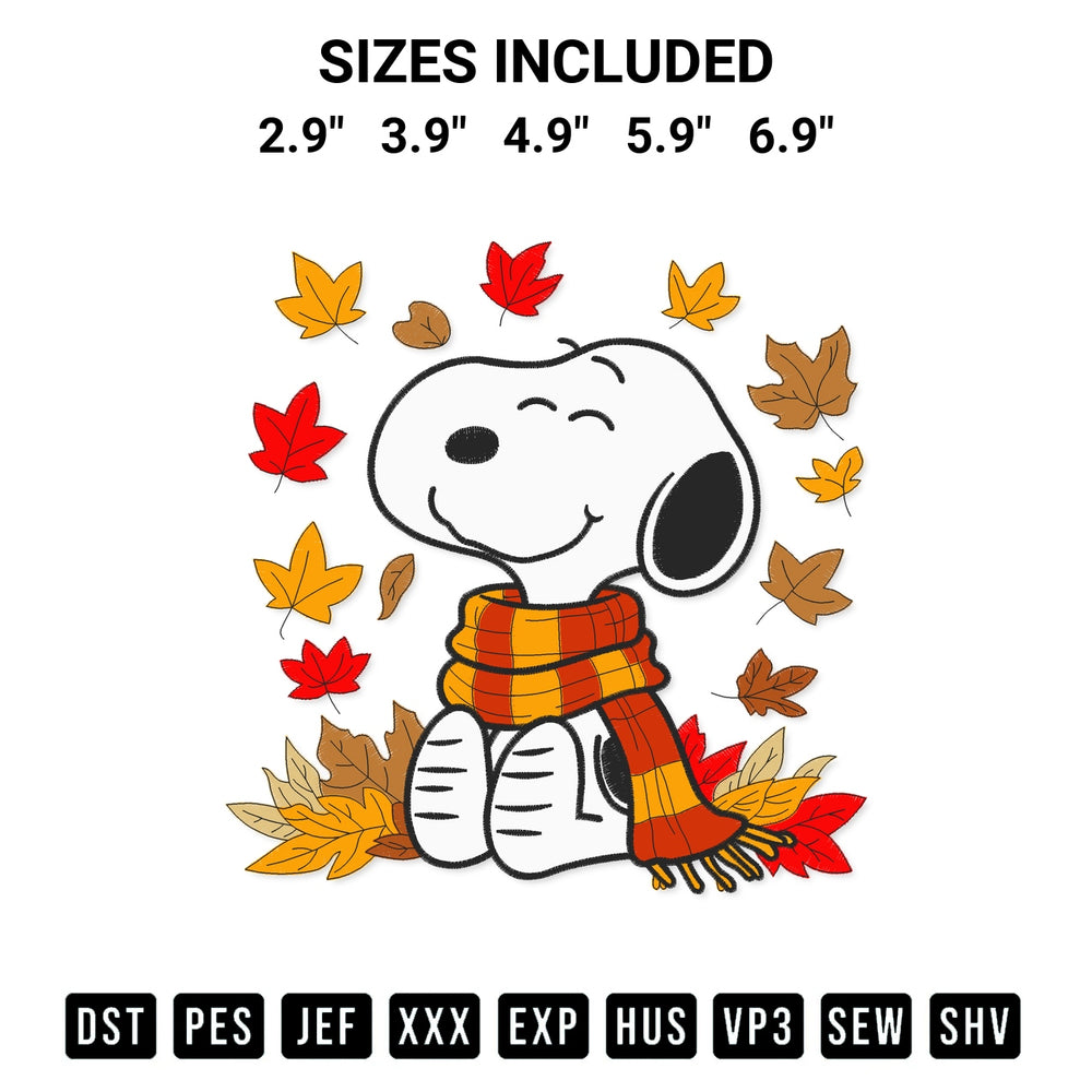 Shop the Cute Snoopy In Fall Embroidery Design machine embroidery pattern at Designspacks.com. Beautifully digitized for flawless stitching on any fabric. Available sizes: 2.9", 3.9", 4.9", 5.9", 6.9".