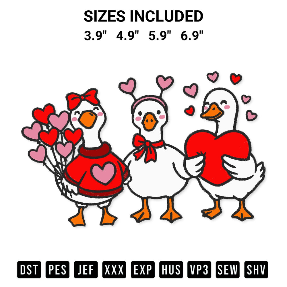 Get the Valentine Goose Holding Hearts Romantic Embroidery Design embroidery design for your custom crafts! Premium digitized files available for instant download at Designspacks.com. Available sizes: 3.9", 4.9", 5.9", 6.9".