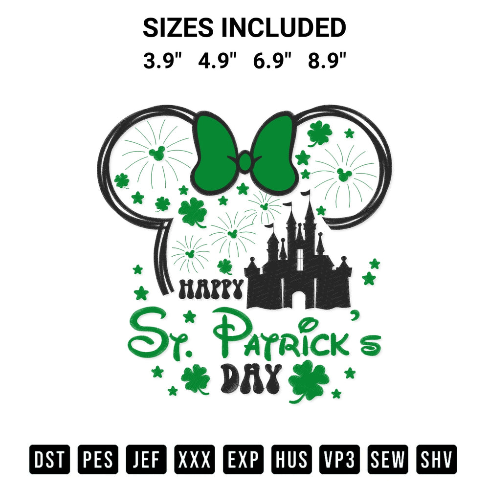 Add a unique touch to your apparel with the Minnie Mouse St Patricks Day Castle Embroidery Design embroidery file. Premium instant download available now on Designspacks.com. Available sizes: 3.9", 4.9", 6.9", 8.9".