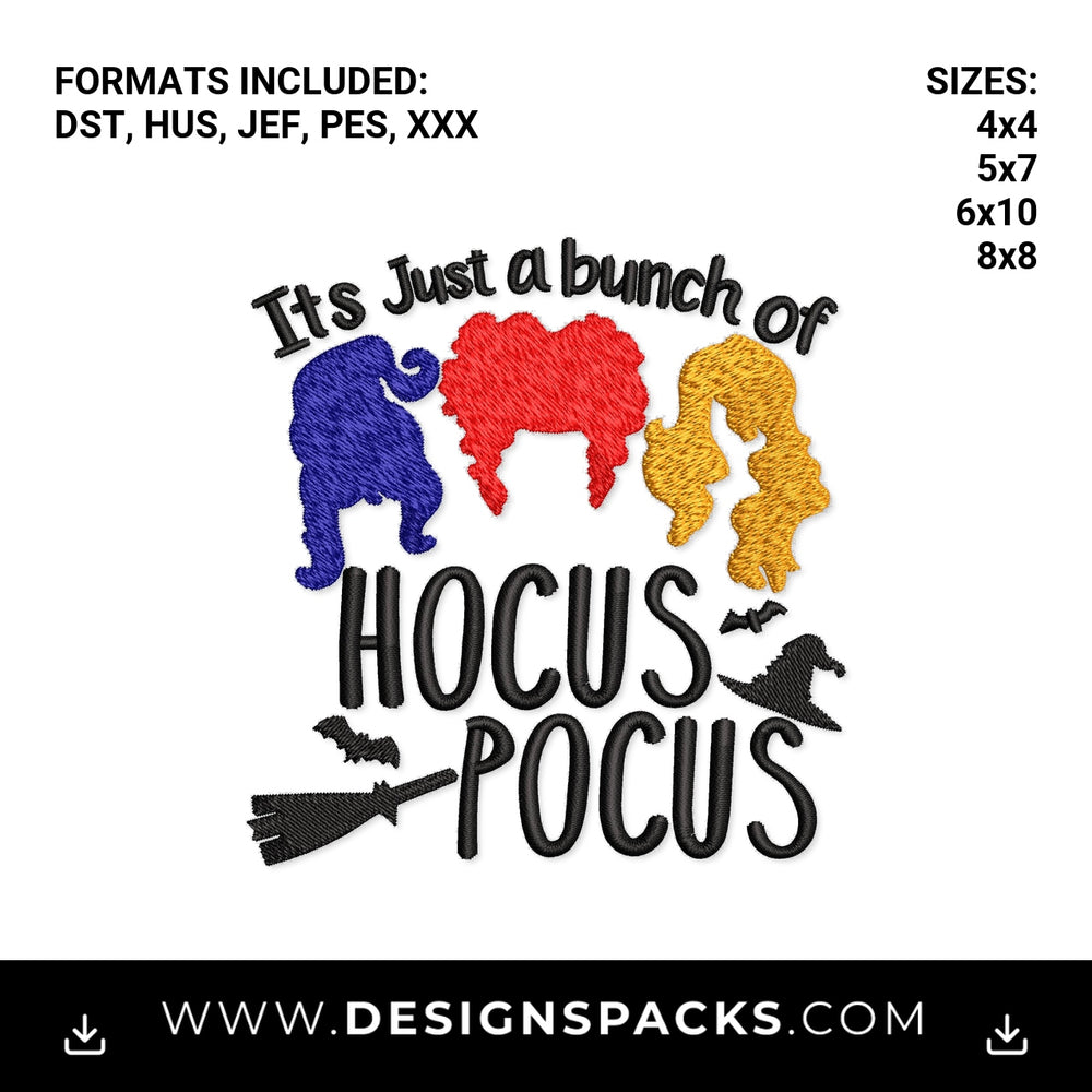 Just A Bunch Of Hocus Pocus Halloween Embroidery Design - Instant digital download pattern at Designspacks.com