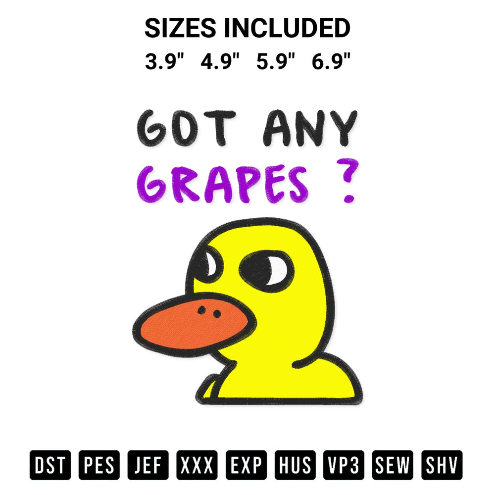 Shop the The Duck Song Got Any Grapes Embroidery Design machine embroidery pattern at Designspacks.com. Beautifully digitized for flawless stitching on any fabric. Available sizes: 3.9", 4.9", 5.9", 6.9".