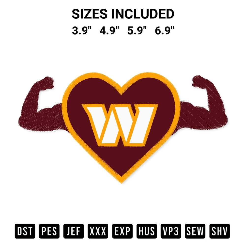 Shop the Washington Commanders Heart Hand Embroidery Design machine embroidery pattern at Designspacks.com. Beautifully digitized for flawless stitching on any fabric. Available sizes: 3.9", 4.9", 5.9", 6.9".