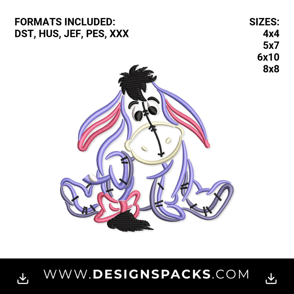 Cute Eeyore Donkey Ribbon Sketch Embroidery Design - Instant digital download pattern at Designspacks.com