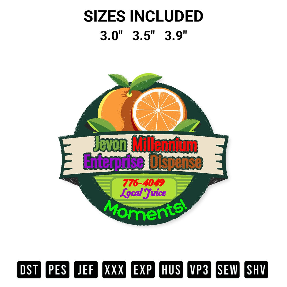 Get the Jevon Millennium Enterprise Dispense Local Juice Embroidery Design embroidery design for your custom crafts! Premium digitized files available for instant download at Designspacks.com. Available sizes: 3.0", 3.5", 3.9".