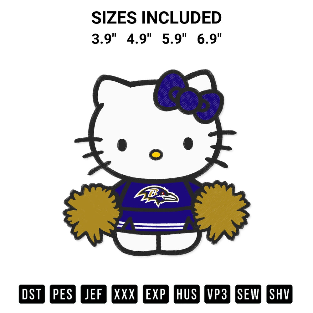Create amazing crafts with the Baltimore Ravens Hello Kitty Cheerleader Embroidery Design embroidery file. High-quality digital download from Designspacks.com, perfect for beginners and pros. Available sizes: 3.9", 4.9", 5.9", 6.9".