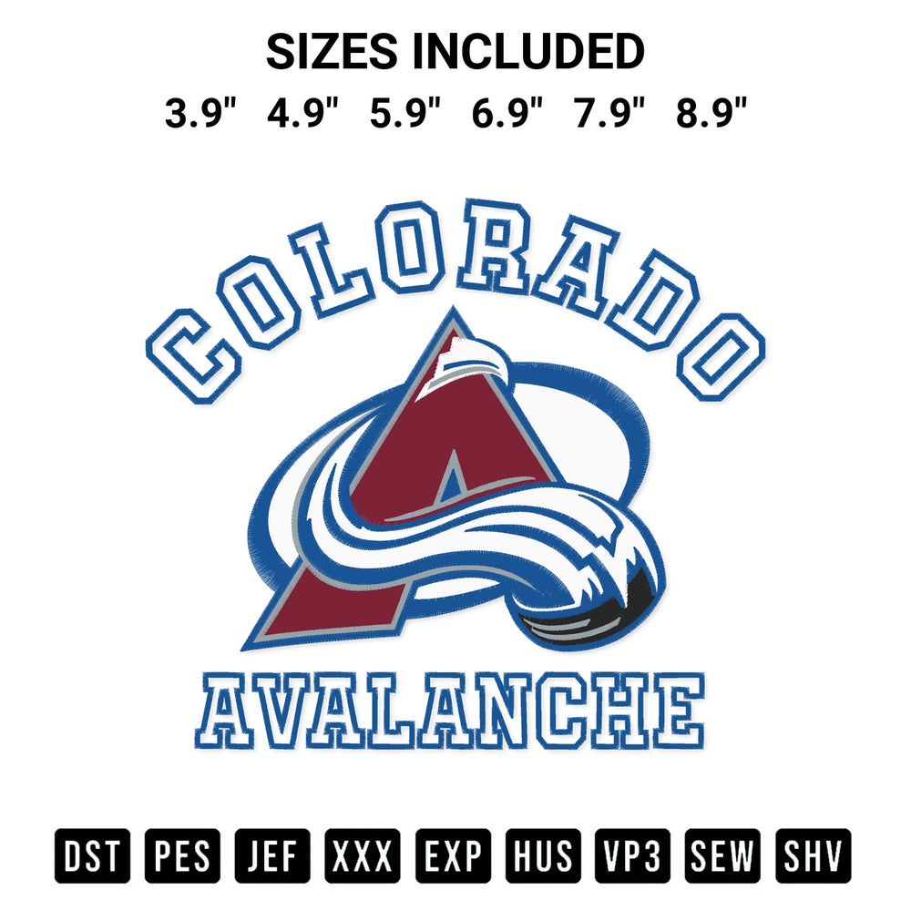 Add a unique touch to your apparel with the Colorado Avalanche Team Embroidery Design embroidery file. Premium instant download available now on Designspacks.com. Available sizes: 3.9", 4.9", 5.9", 6.9", 7.9", 8.9".