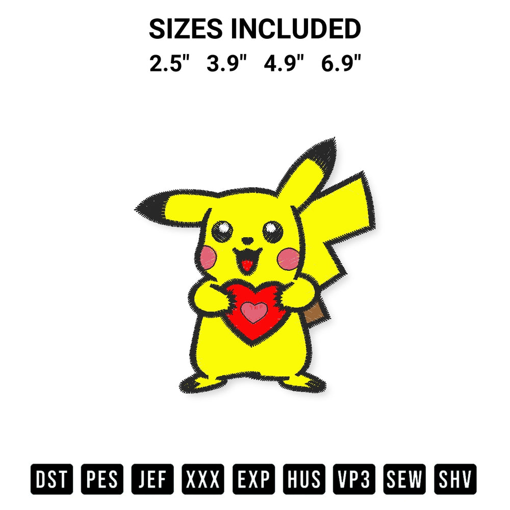 Discover the perfect addition to your crafting collection: Pikachu Holding Heart Embroidery Design embroidery file. Instantly available at Designspacks.com. Available sizes: 2.5", 3.9", 4.9", 6.9".