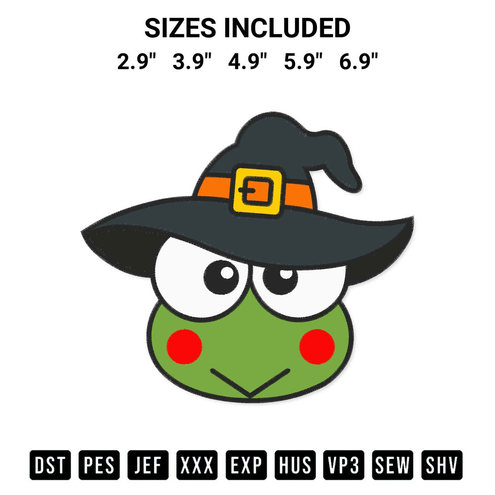 Stitch like a pro with the Face Keroppi Witch Embroidery Design embroidery pattern from Designspacks.com. High-quality digital machine embroidery file. Available sizes: 2.9", 3.9", 4.9", 5.9", 6.9".
