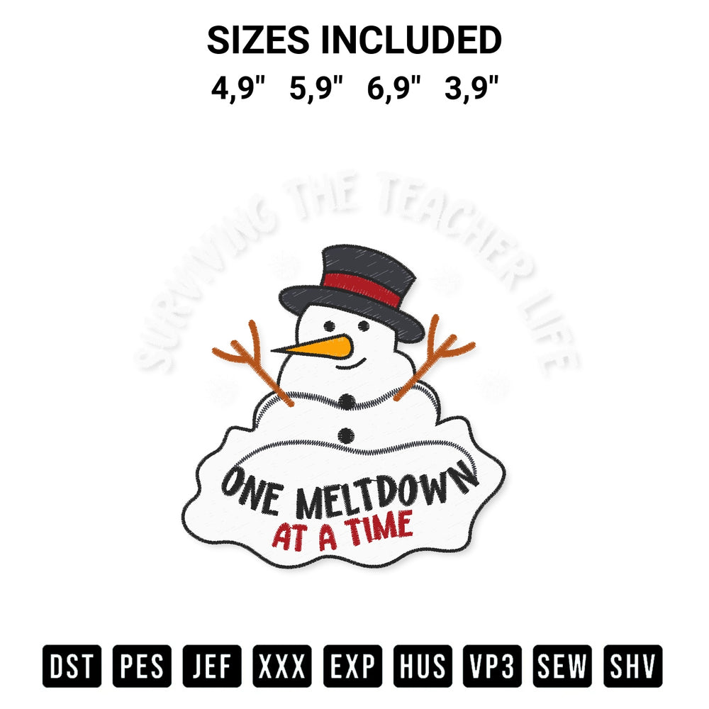 Elevate your next project with our Snowman Surviving The Teacher Life One Meltdown At A Time Christmas Embroidery Design embroidery file. Shop high-quality digital patterns instantly at Designspacks.com. Available sizes: 4,9", 5,9", 6,9", 3,9".