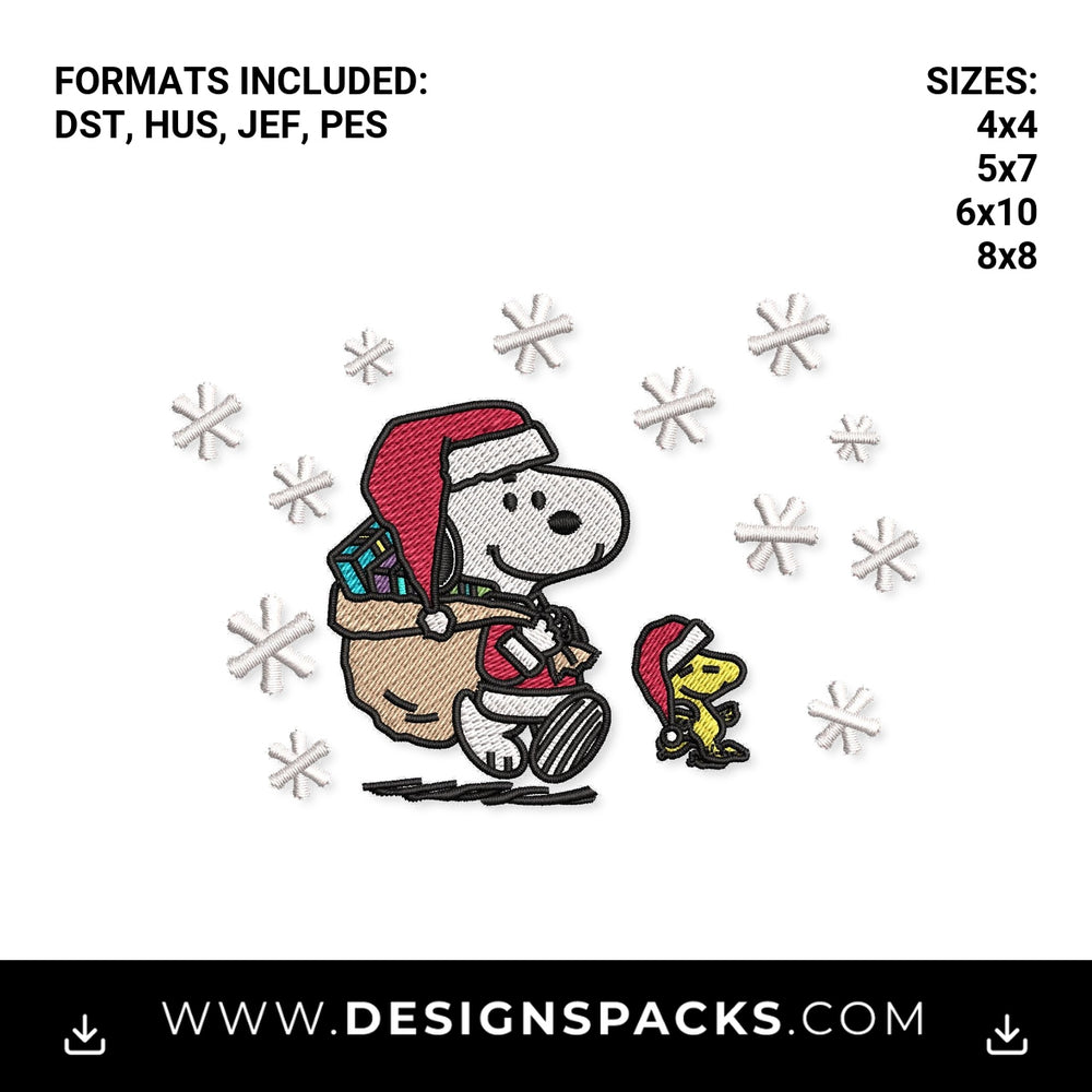 Santa Snoopy & Woodstock with Sack Embroidery Design - Instant digital download pattern at Designspacks.com