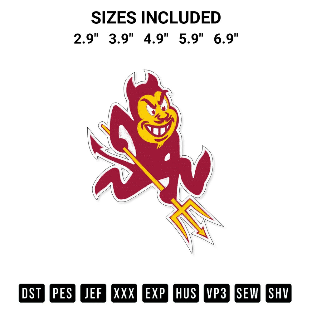 Add a unique touch to your apparel with the Mascot Arizona State Sun Devils Embroidery Design embroidery file. Premium instant download available now on Designspacks.com. Available sizes: 2.9", 3.9", 4.9", 5.9", 6.9".