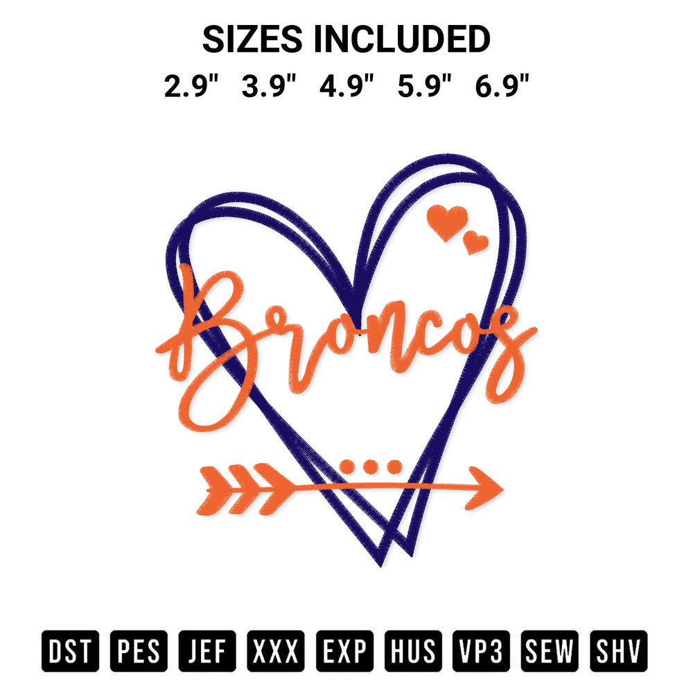 Discover the perfect addition to your crafting collection: Denver Broncos Heart Embroidery Design embroidery file. Instantly available at Designspacks.com. Available sizes: 2.9", 3.9", 4.9", 5.9", 6.9".