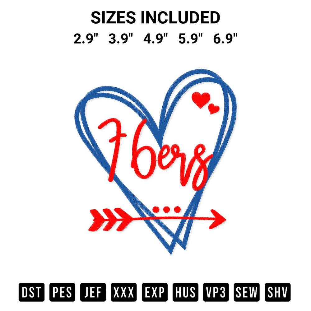 Shop the Philadelphia 76Ers Heart Embroidery Design machine embroidery pattern at Designspacks.com. Beautifully digitized for flawless stitching on any fabric. Available sizes: 2.9", 3.9", 4.9", 5.9", 6.9".