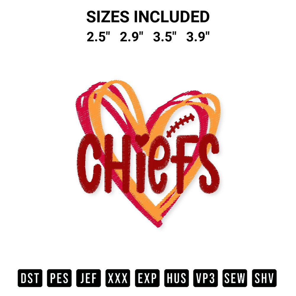 Get the Heart Kansas City Chiefs Embroidery Design embroidery design for your custom crafts! Premium digitized files available for instant download at Designspacks.com. Available sizes: 2.5", 2.9", 3.5", 3.9".
