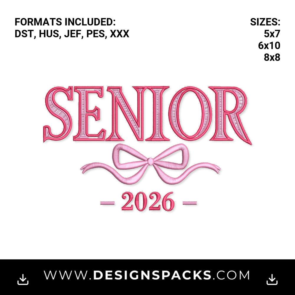Pink Coquette Senior 2026 Bow Embroidery Design - Instant digital download pattern at Designspacks.com