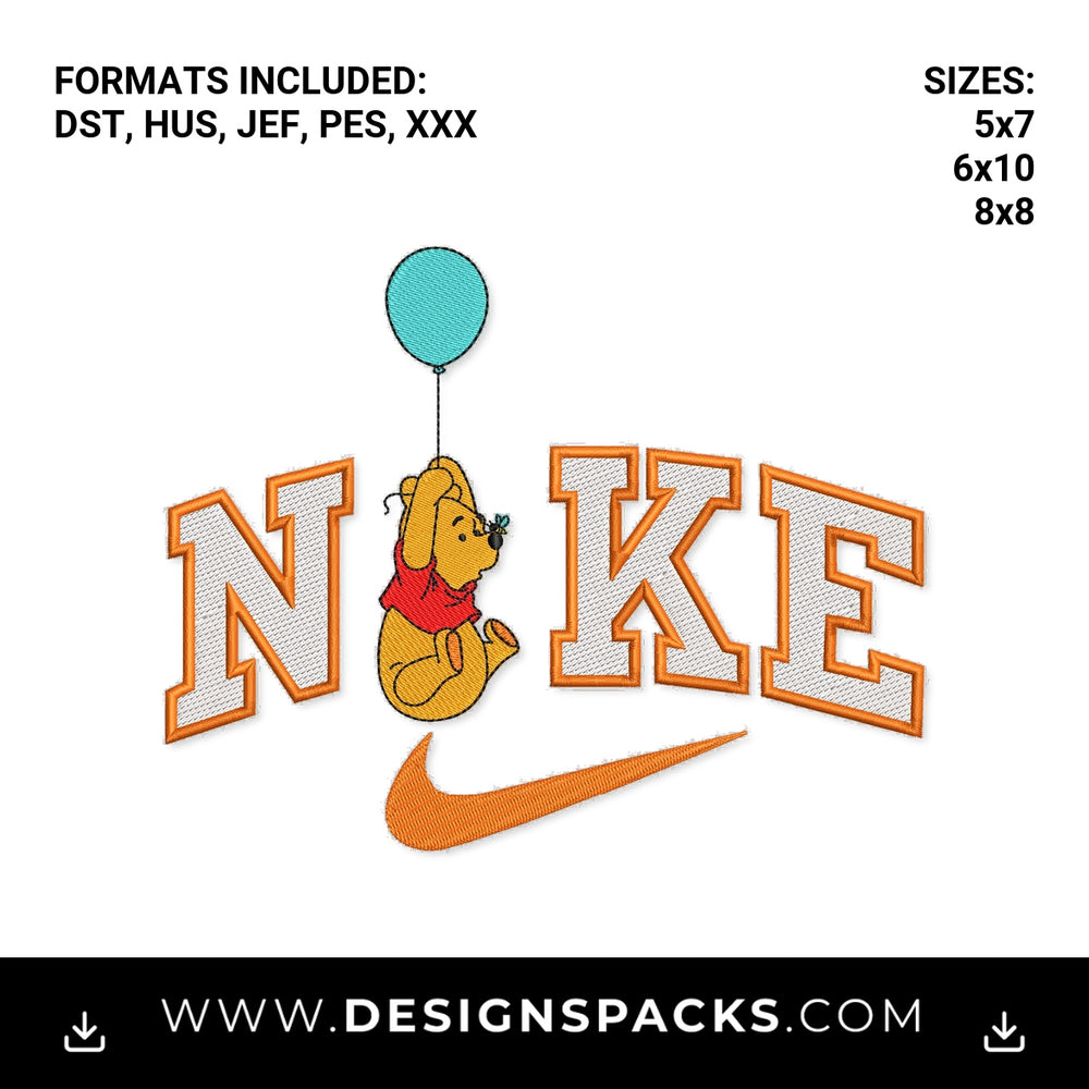 Winnie Pooh Nike Swoosh Balloon Embroidery Design - Instant digital download pattern at Designspacks.com