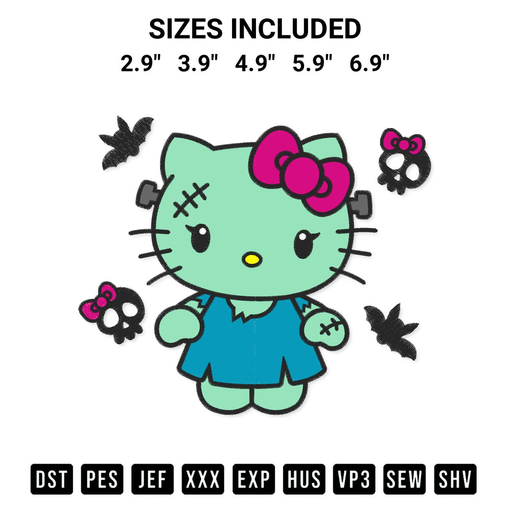 Discover the perfect addition to your crafting collection: Frankenstein Kitty Halloween Embroidery Design embroidery file. Instantly available at Designspacks.com. Available sizes: 2.9", 3.9", 4.9", 5.9", 6.9".