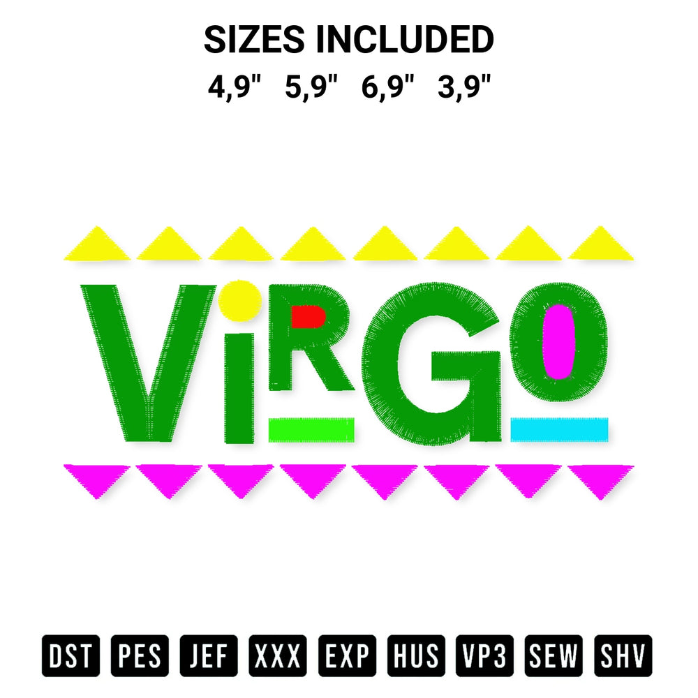 Shop the Virgo Zodiac Design 90S Style Virgo Zodiac Birthday Gift Logo Embroidery Design machine embroidery pattern at Designspacks.com. Beautifully digitized for flawless stitching on any fabric. Available sizes: 4,9", 5,9", 6,9", 3,9".