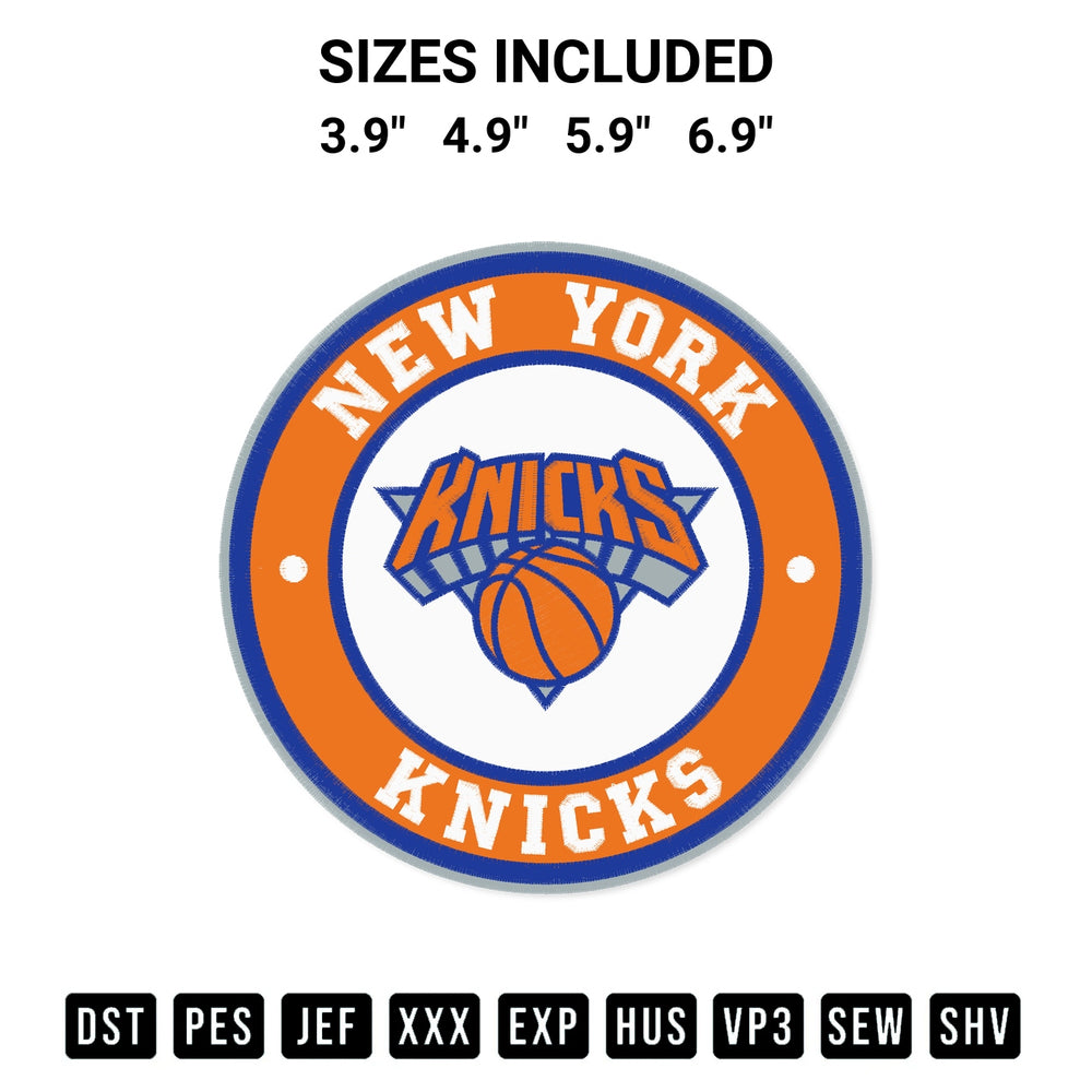 Shop the New York Knicks Circle Logo Embroidery Design machine embroidery pattern at Designspacks.com. Beautifully digitized for flawless stitching on any fabric. Available sizes: 3.9", 4.9", 5.9", 6.9".