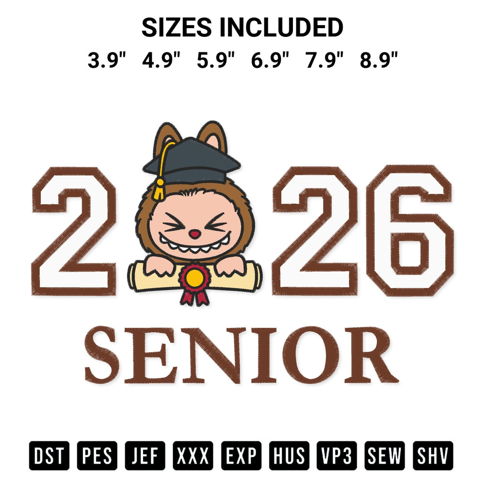 Create amazing crafts with the Senior 2026 Labubu Embroidery Design embroidery file. High-quality digital download from Designspacks.com, perfect for beginners and pros. Available sizes: 3.9", 4.9", 5.9", 6.9", 7.9", 8.9".