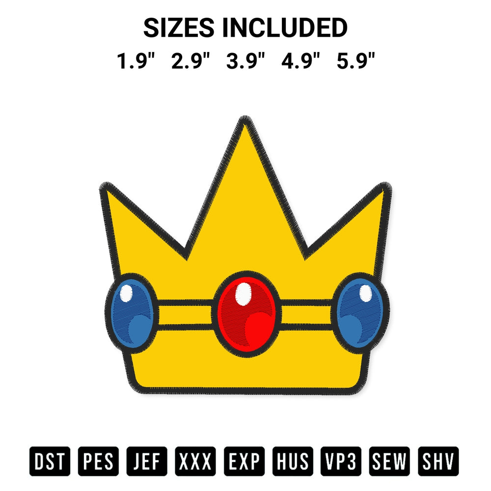 Create amazing crafts with the Princess Peach Crown Embroidery Design embroidery file. High-quality digital download from Designspacks.com, perfect for beginners and pros. Available sizes: 1.9", 2.9", 3.9", 4.9", 5.9".