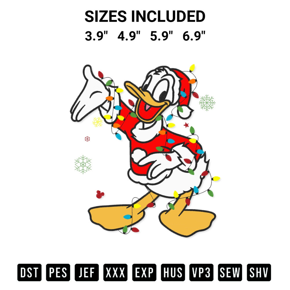Shop the Donald Duck Christmas Lights Embroidery Design machine embroidery pattern at Designspacks.com. Beautifully digitized for flawless stitching on any fabric. Available sizes: 3.9", 4.9", 5.9", 6.9".