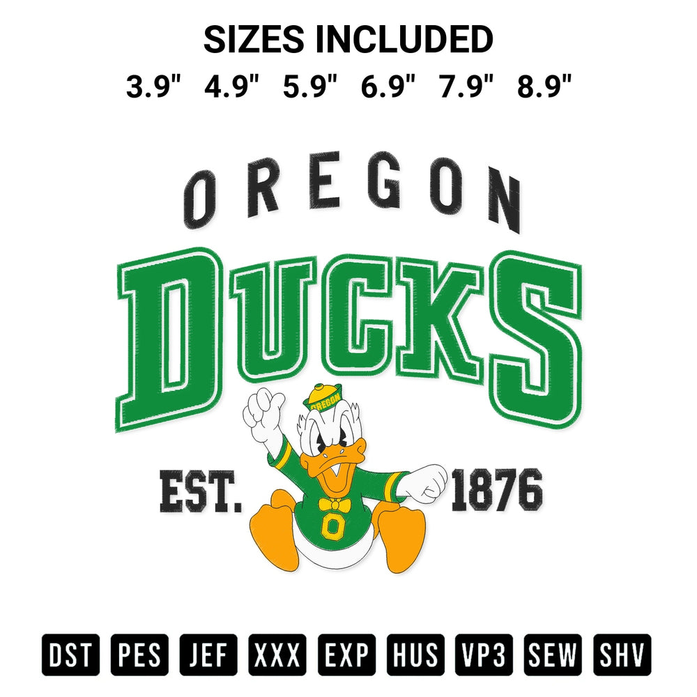 Shop the Ncaa Oregon Est 1876 Embroidery Design machine embroidery pattern at Designspacks.com. Beautifully digitized for flawless stitching on any fabric. Available sizes: 3.9", 4.9", 5.9", 6.9", 7.9", 8.9".