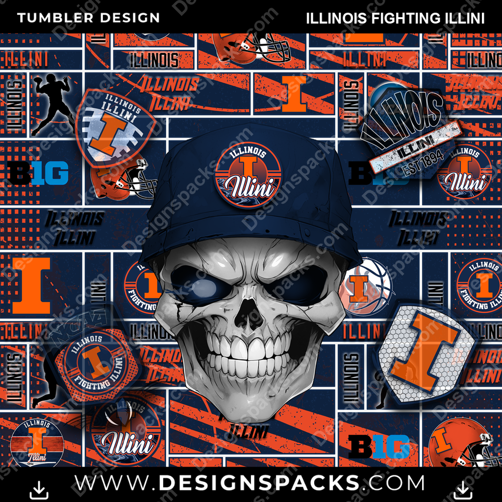 College Sport Skull Illinois Fighting Illini NCAA College Sport Tumbler Digital Wrap Design Download