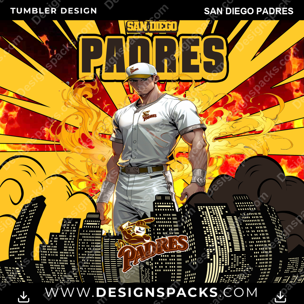 Diseño de Envoltura Digital para Vaso de Béisbol Cómic Portada Padres de San Diego