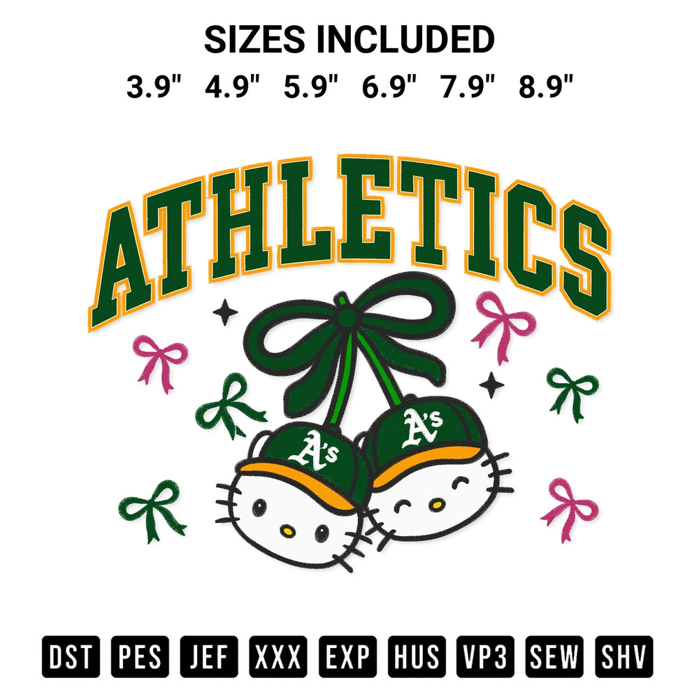 Transform your fabrics with the Oakland Athletics Hello Kitty Cherries Embroidery Design embroidery design. Instant access to premium digitized patterns at Designspacks.com. Available sizes: 3.9", 4.9", 5.9", 6.9", 7.9", 8.9".