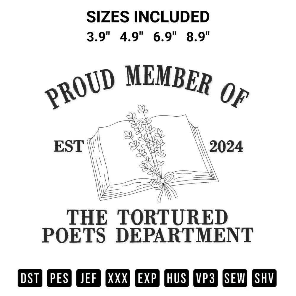 Transform your fabrics with the Proud Member Of The Tortured Poets Department Embroidery Design embroidery design. Instant access to premium digitized patterns at Designspacks.com. Available sizes: 3.9", 4.9", 6.9", 8.9".