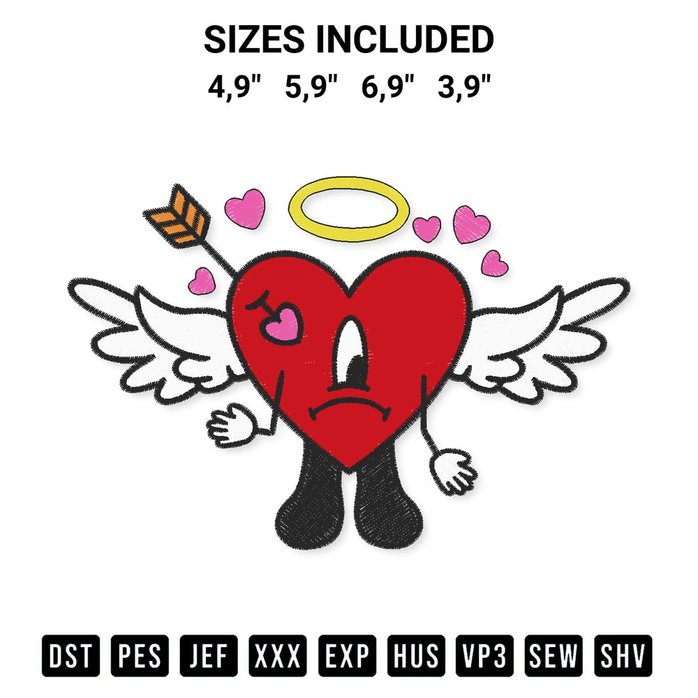 Get the Bad Bunny Sad Heart Cupid Valentine Angel Heart Valentines Day Embroidery Design embroidery design for your custom crafts! Premium digitized files available for instant download at Designspacks.com. Available sizes: 4,9", 5,9", 6,9", 3,9".