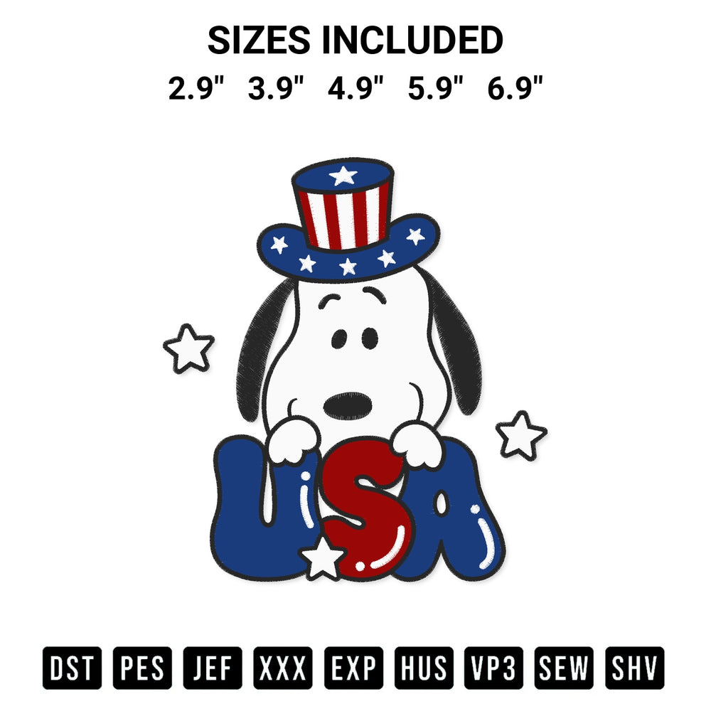 Add a unique touch to your apparel with the Snoopy Usa Embroidery Design embroidery file. Premium instant download available now on Designspacks.com. Available sizes: 2.9", 3.9", 4.9", 5.9", 6.9".