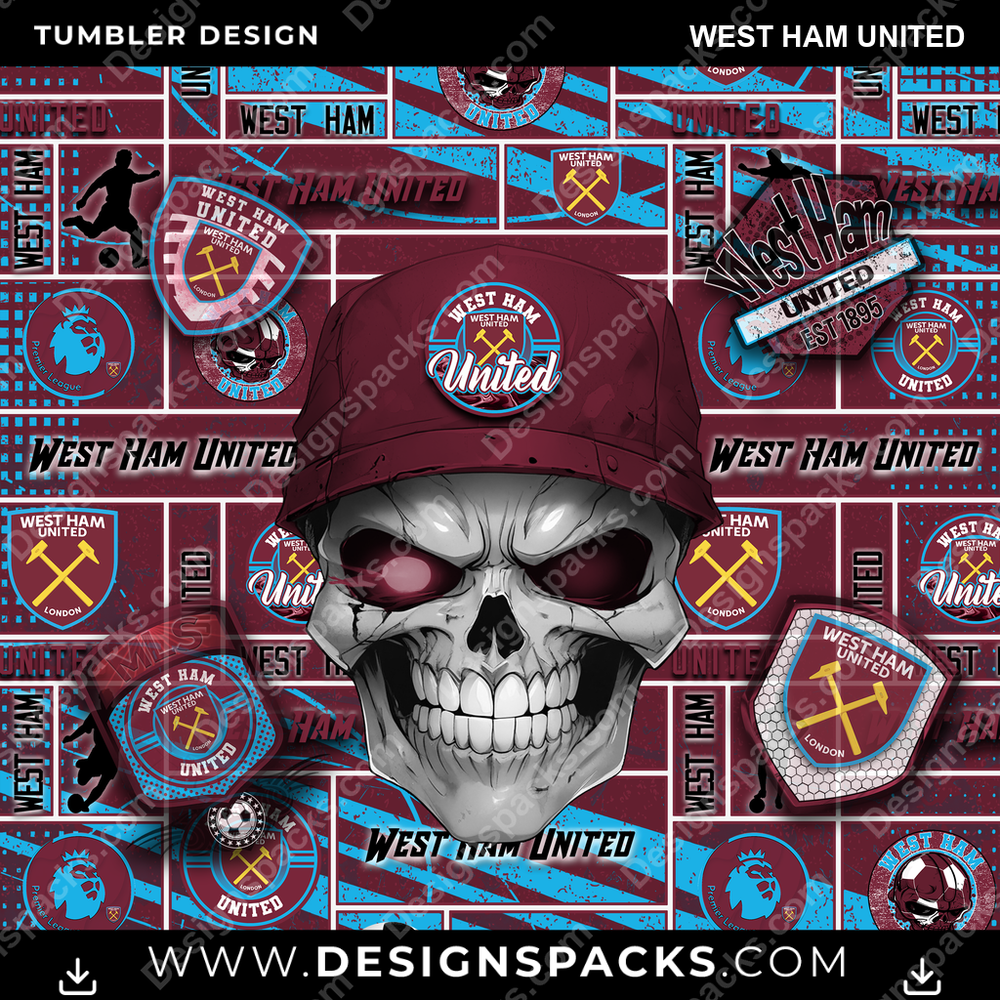 Soccer UK Skull West Ham United Tumbler Digital Wrap Design