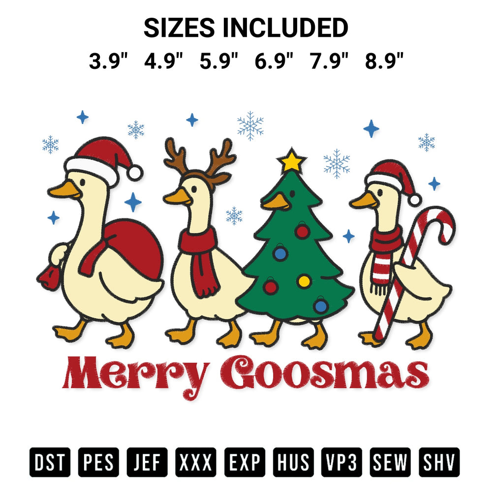 Create amazing crafts with the Merry Goosmas Embroidery Design embroidery file. High-quality digital download from Designspacks.com, perfect for beginners and pros. Available sizes: 3.9", 4.9", 5.9", 6.9", 7.9", 8.9".