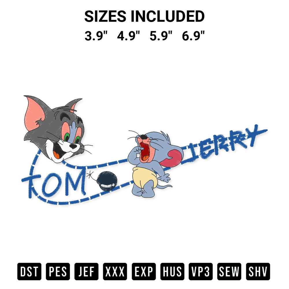 Create amazing crafts with the Nike Tom Jerry Embroidery Design embroidery file. High-quality digital download from Designspacks.com, perfect for beginners and pros. Available sizes: 3.9", 4.9", 5.9", 6.9".