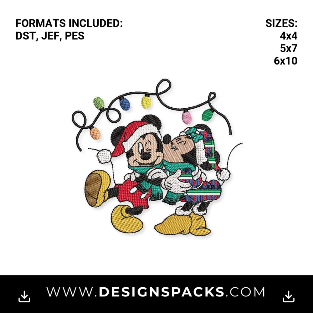 Christmas Mouse Couple Xmas Lights Embroidery Design - Instant digital download pattern at Designspacks.com
