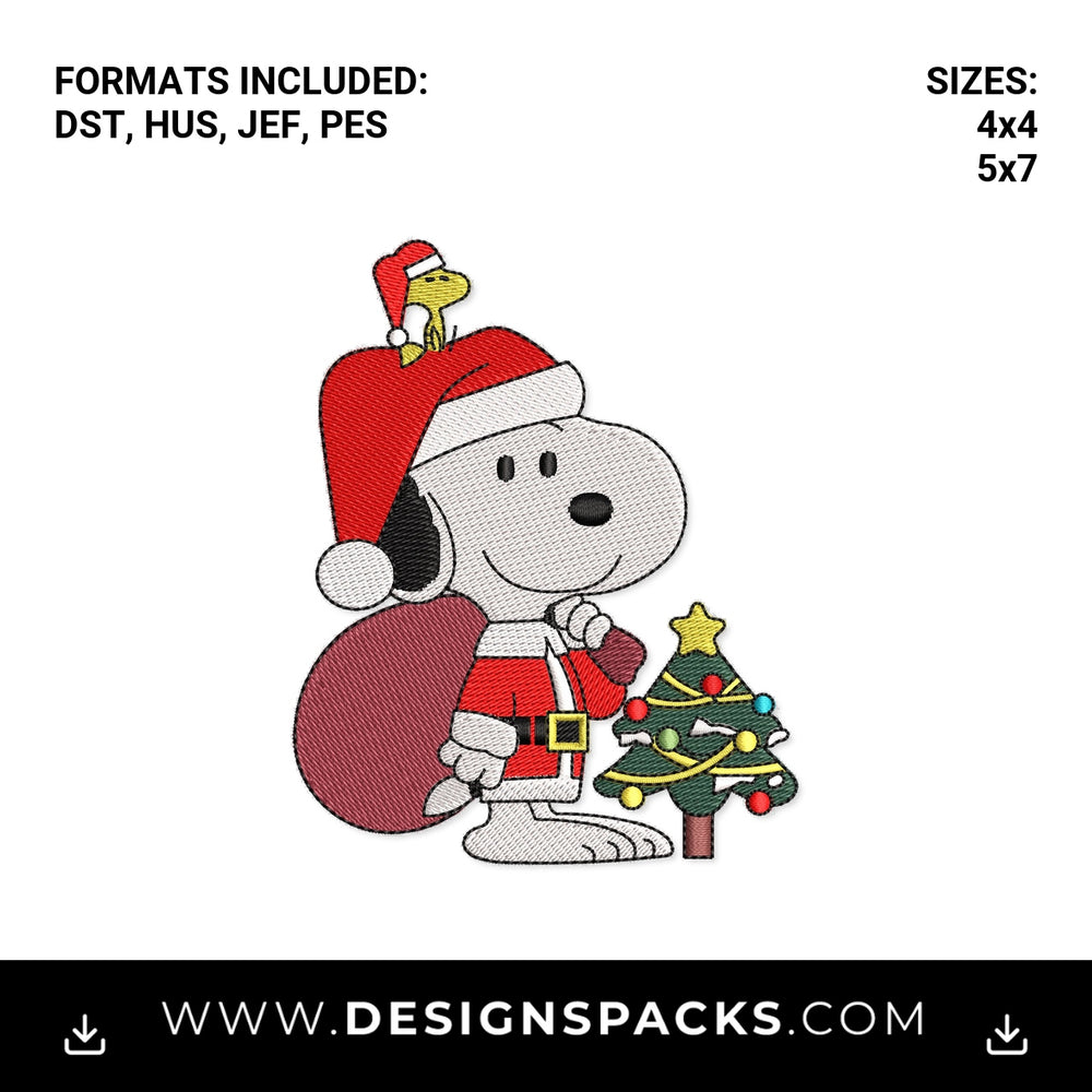 Santa Snoopy & Woodstock Christmas Tree Embroidery Design - Instant digital download pattern at Designspacks.com
