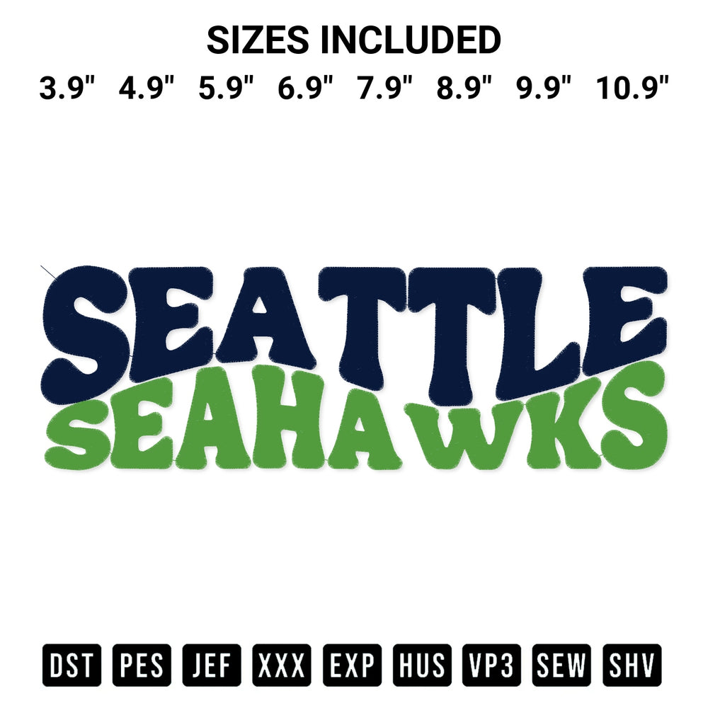 Stitch like a pro with the Seattle Seahawks Football Team Wordmark Embroidery Design embroidery pattern from Designspacks.com. High-quality digital machine embroidery file. Available sizes: 3.9", 4.9", 5.9", 6.9", 7.9", 8.9", 9.9", 10.9".