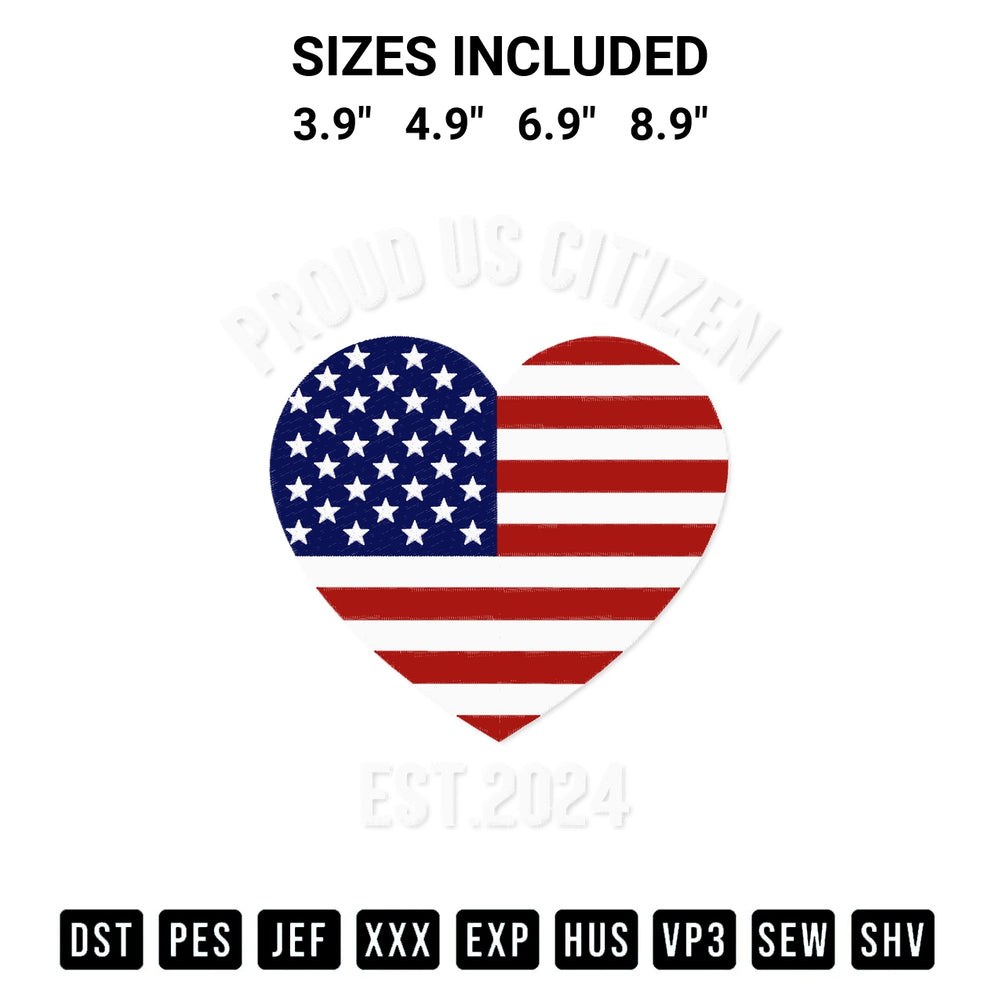Shop the Proud Us Citizen 2024 Embroidery Design machine embroidery pattern at Designspacks.com. Beautifully digitized for flawless stitching on any fabric. Available sizes: 3.9", 4.9", 6.9", 8.9".