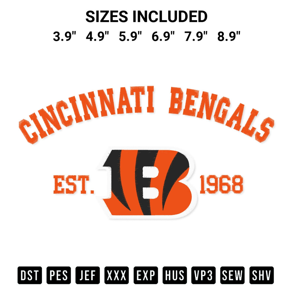 Stitch like a pro with the Cincinnati Bengals Est 1968 Embroidery Design embroidery pattern from Designspacks.com. High-quality digital machine embroidery file. Available sizes: 3.9", 4.9", 5.9", 6.9", 7.9", 8.9".