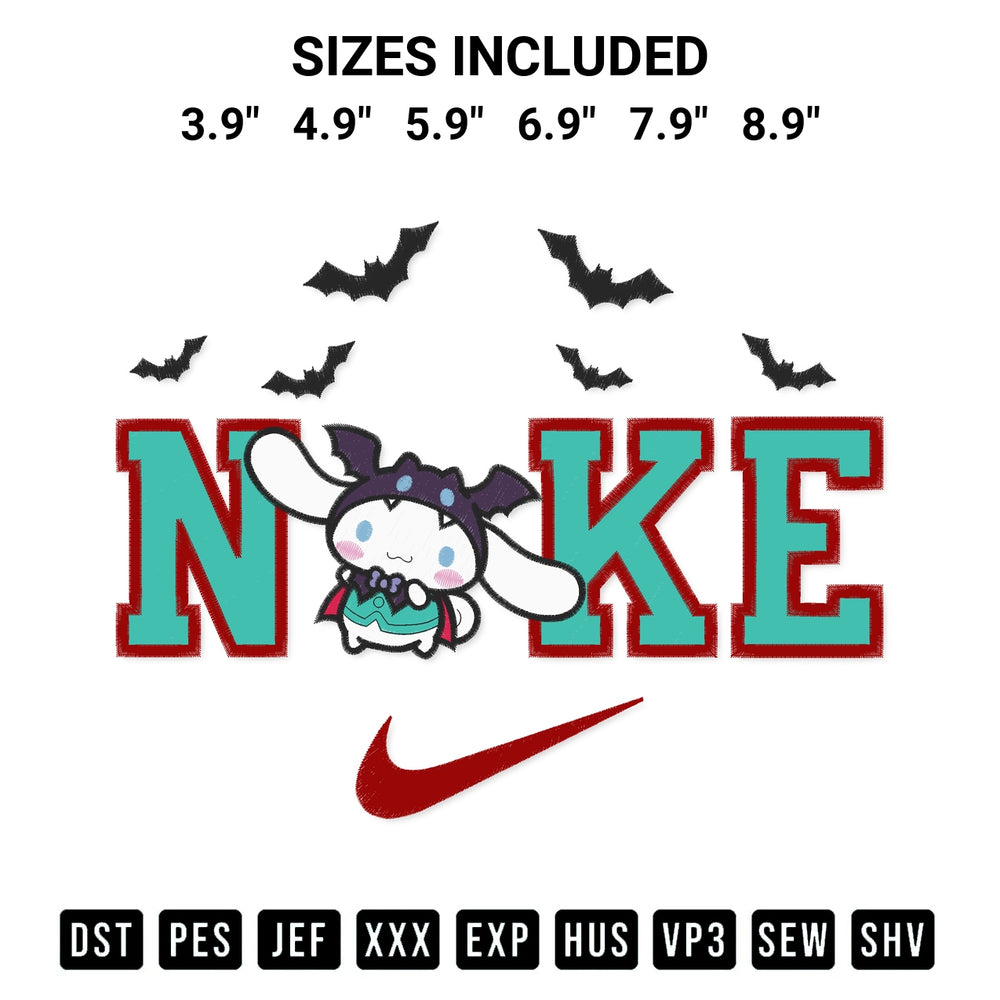 Add a unique touch to your apparel with the Bat Cinnamoroll Halloween X Nike Embroidery Design embroidery file. Premium instant download available now on Designspacks.com. Available sizes: 3.9", 4.9", 5.9", 6.9", 7.9", 8.9".