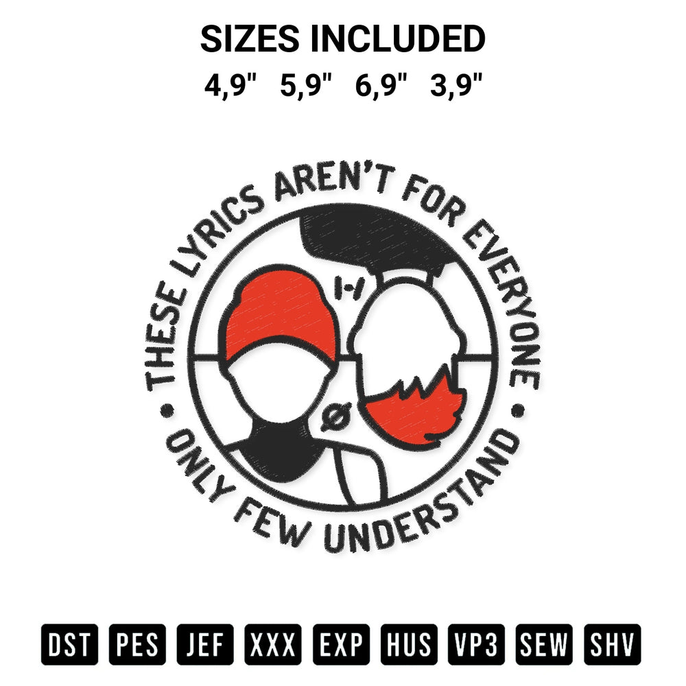 Add a unique touch to your apparel with the Twenty One Pilots Message Man Lyrics Twenty One Pilots Gift Logo Embroidery Design embroidery file. Premium instant download available now on Designspacks.com. Available sizes: 4,9", 5,9", 6,9", 3,9".