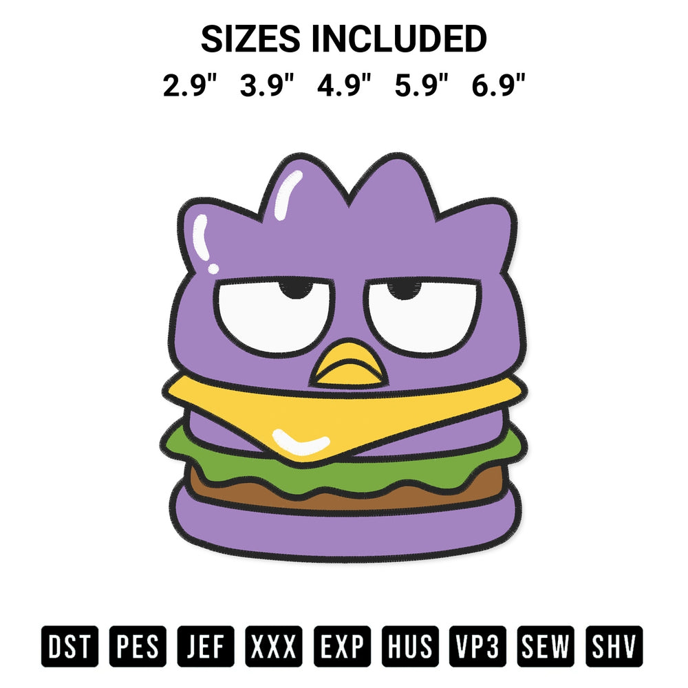 Transform your fabrics with the Badtz Maru Burger Embroidery Design embroidery design. Instant access to premium digitized patterns at Designspacks.com. Available sizes: 2.9", 3.9", 4.9", 5.9", 6.9".